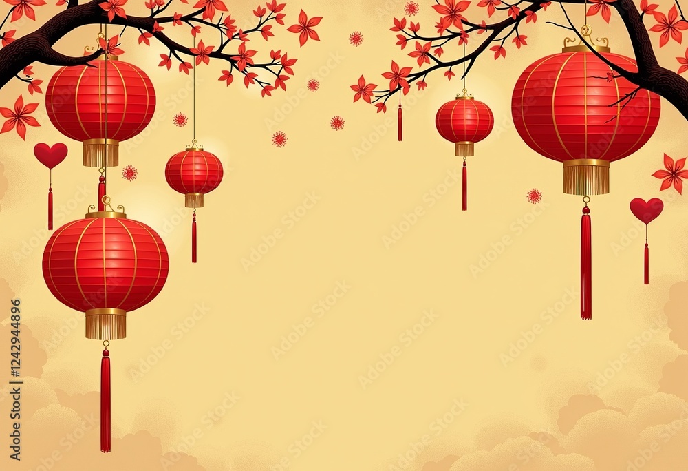 Fototapeta premium Cute Round Lanterns, Gongbi Heart Shape, Qing Dynasty Painting, Minimalism Art, Geometric Shapes, Matte Yellow Background, Refreshing Pop Art, Chinese Illustration. 