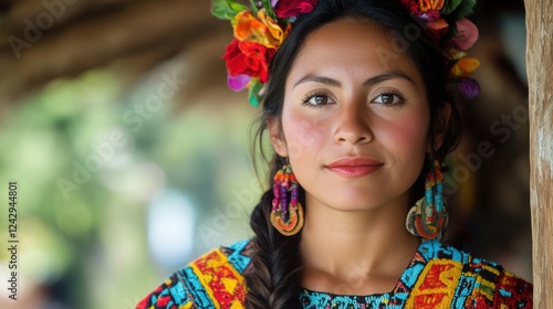Portrait of Indigenous Mayan Woman with Traditional Clothing and Floral Headdress