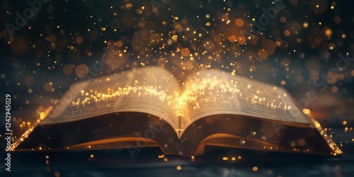 An open book glowing with magical golden sparkles, symbolizing the wonder of imagination and the power of storytelling photo