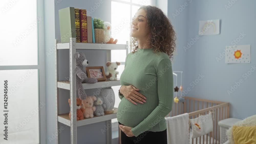 Pregnant woman in green sweater smiles warmly in baby's nursery with crib, shelves of toys, and soft lighting indicating a cozy home atmosphere. Pregnant woman in green sweater smiles warmly in baby's nursery with crib, shelves of toys, and soft lighting indicating a cozy home atmosphere.