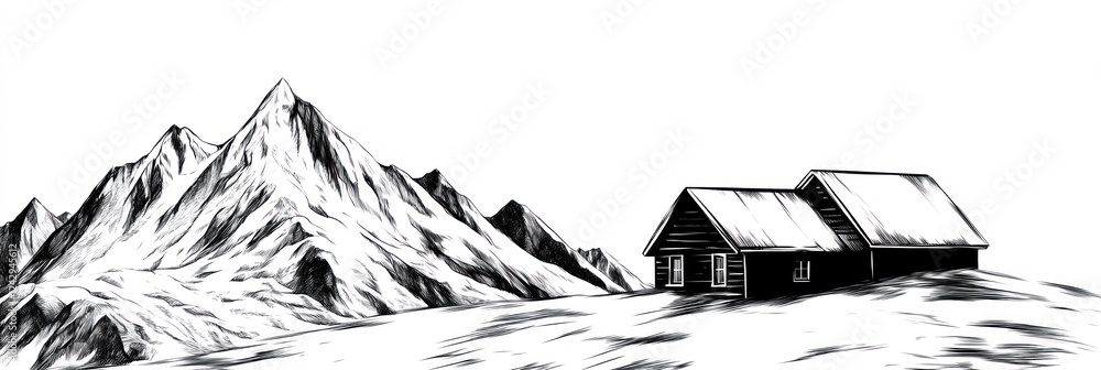 Fototapeta premium Mountain Cabin Sketch Showing A Simple Rustic House