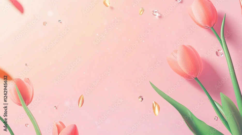 Obraz premium Tulips on a Pink Background, Flat Lay Top View, Women’s Day Concept Banner Template with Copy Space, Minimalist Mockup Design