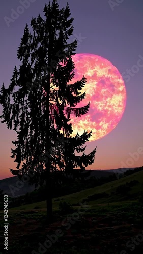 a tall, silhouetted tree against a bright, textured sun in warm pink and orange tones.