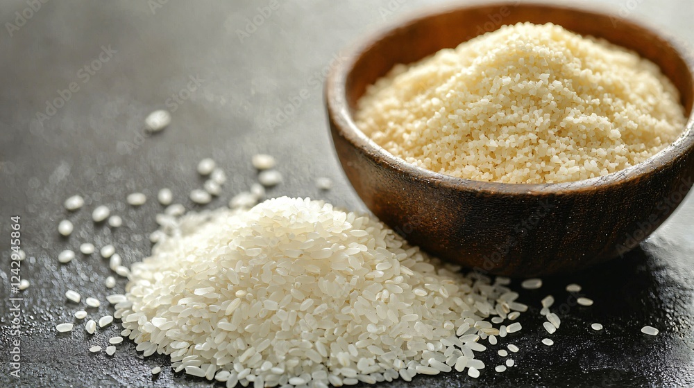 Rice and Rice Flour on Dark Surface Rice and Rice Flour on Dark Surface