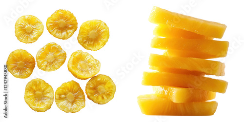 Pineapple slices isolated on transparent background, PNG, Set of