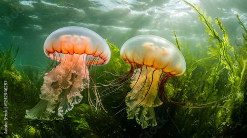 Vibrant jellyfish swimming among seaweed in sunlit ocean photo