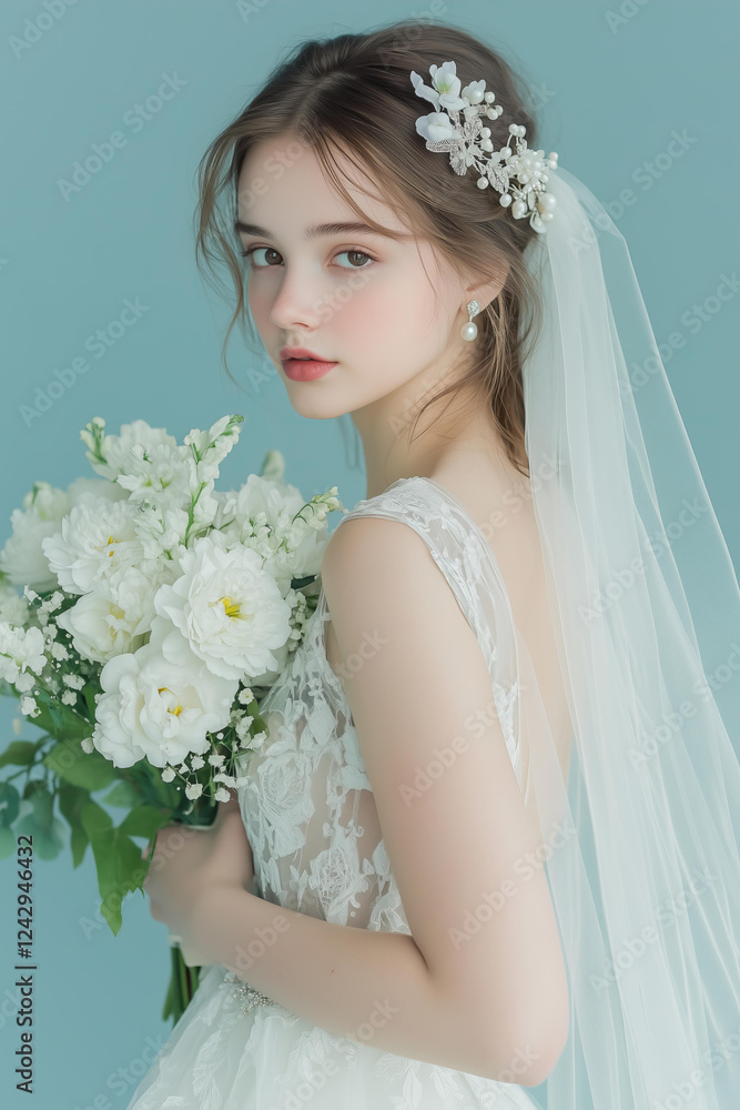 Naklejka premium young woman in a delicate white bridal gown, holding a bouquet of white flowers with a serene, joyful expression. Her soft brown hair is styled in an elegant updo, adorned with a floral tiara 