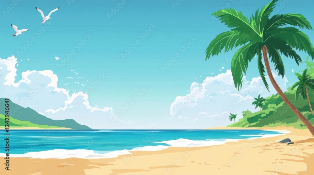 Obraz premium Tropical Beach Meets Ocean Waves with Palm Trees and Birds Flying, a Summer Vacation Paradise.