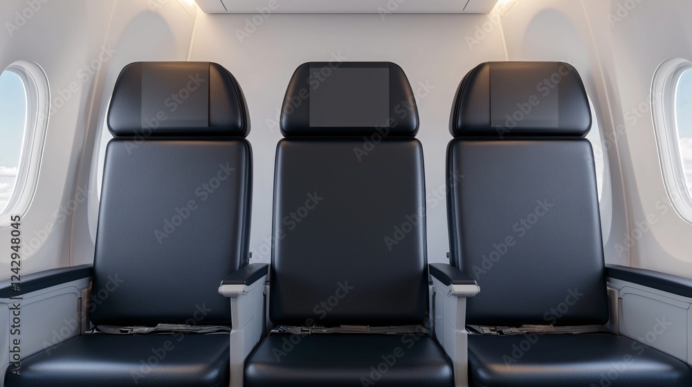 Fototapeta premium Modern Airplane Seats with Individual Screens Comfortable Economy Class Interior Design