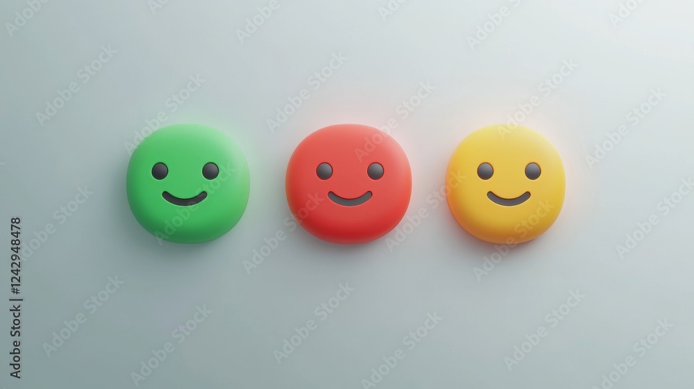 3D emoji satisfaction scale, gradient color progression red to green, minimal emotional faces, soft shadows, clean white background, rounded button style, modern UI design, centered composition 3D emoji satisfaction scale, gradient color progression red to green, minimal emotional faces, soft shadows, clean white background, rounded button style, modern UI design, centered composition
