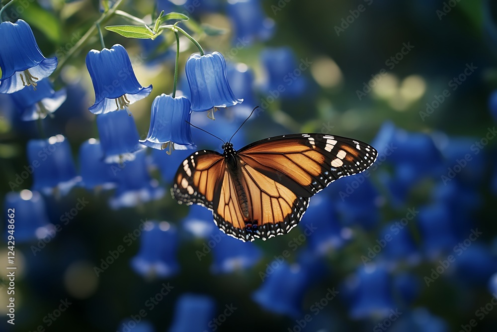 Obraz premium A visually captivating shot of a butterfly gliding gracefully over blue bellflowers, conveying the charm and elegance of a picturesque garden.