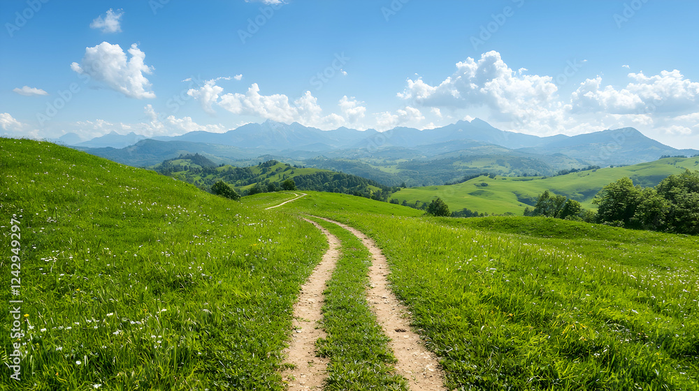 Winding path through grassy hills, mountain backdrop, sunny day; travel poster Winding path through grassy hills, mountain backdrop, sunny day; travel poster