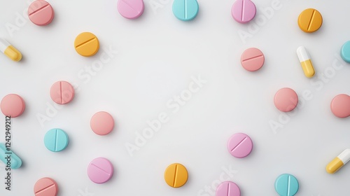 A vibrant arrangement of colorful pills and capsules on a light background, illustrating the diversity of pharmaceuticals in modern health care. photo