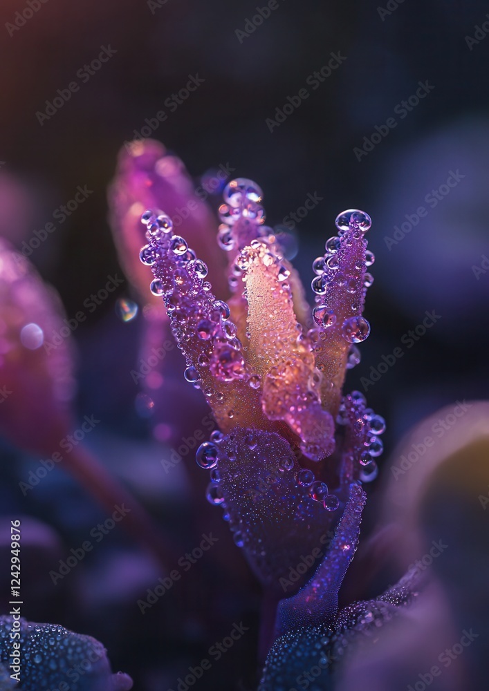 Close-up of a flower bud with water droplets on it. the flower bud is in focus, while the background is blurred, making it the focal point of the image. Close-up of a flower bud with water droplets on it. the flower bud is in focus, while the background is blurred, making it the focal point of the image.