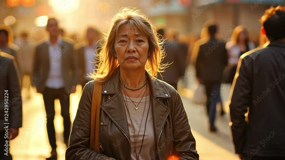 Woman in Leather Jacket Walking Through a Crowded City Street at Sunset Woman in Leather Jacket Walking Through a Crowded City Street at Sunset