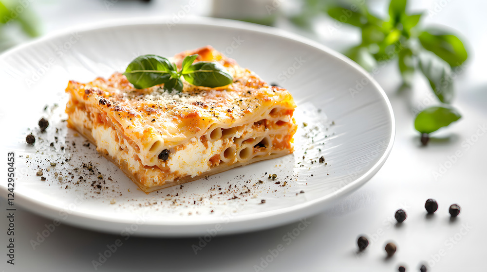 Delicious Baked American Style Lasagna with Fresh Basil Garnish