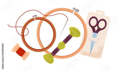 Embroidery tool set featuring a hoop, scissors, yarn, and needles. Needlework and handcrafting. Flat vector illustration.