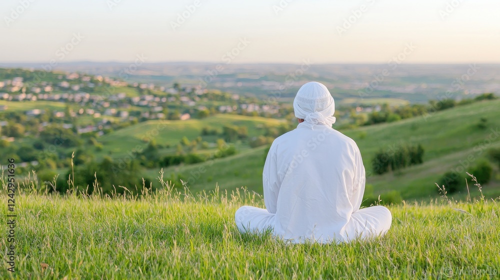 Peaceful meditation on hilltop overlooking valley Peaceful meditation on hilltop overlooking valley