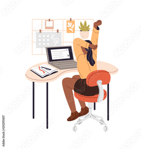 Office worker stretches on chair at home workplace. Freelancer does yoga training, physical exercises at computer desk at break. Employee has sedentary work. Flat isolated vector illustration on white