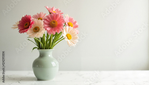 Wallpaper Mural Pink and white daisies in a mint green vase on a marble table with a soft neutral background Torontodigital.ca