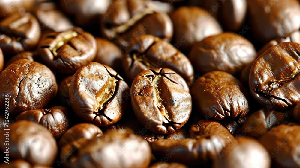 Rich coffee beans highlighted with focus on texture and freshness in warm atmosphere Rich coffee beans highlighted with focus on texture and freshness in warm atmosphere