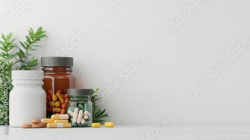 A serene composition of glass jars filled with colorful tablets and capsules, accompanied by green leaves on a neutral backdrop, evoking wellness. photo