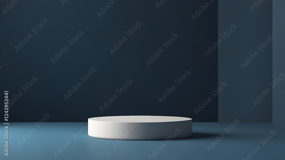 White pedestal on blue background. Empty minimal cosmetic background for product presentation showcase. Generative AI White pedestal on blue background. Empty minimal cosmetic background for product presentation showcase. Generative AI