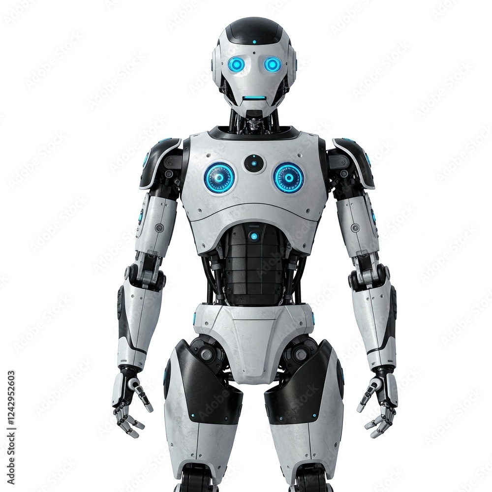 Ein humanoider, intelligenter Roboter vor weißem Hintergrund Ein humanoider, intelligenter Roboter vor weißem Hintergrund