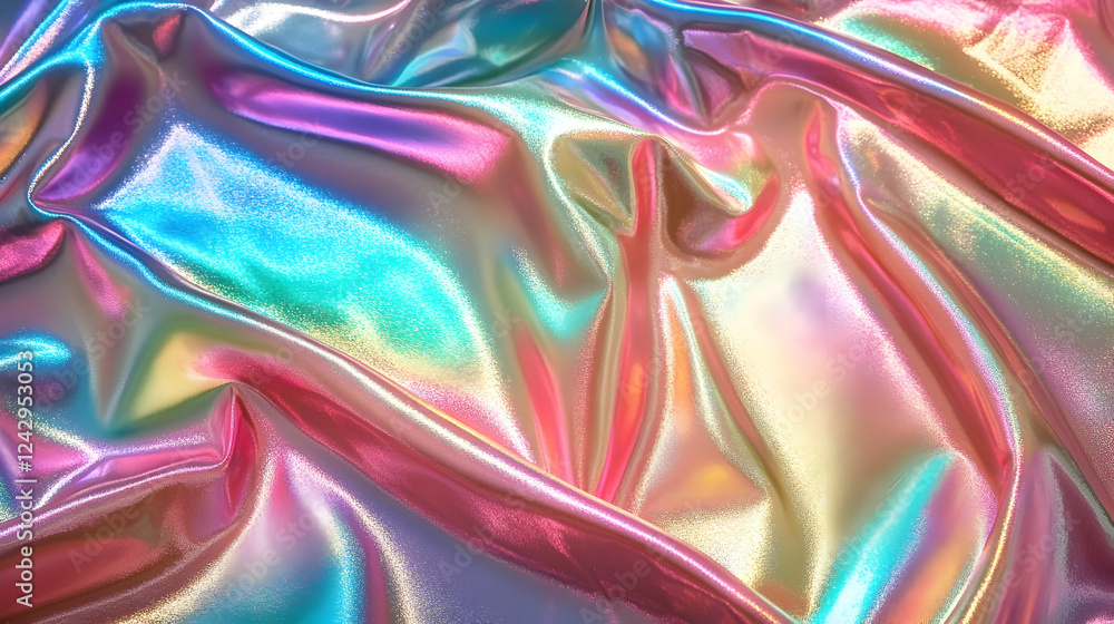 Fototapeta premium Iridescent holographic fabric with colorful shiny waves and light reflections