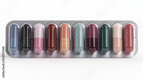 A vibrant row of colorful capsules in a transparent case. Each capsule showcases unique colors and shapes, symbolizing various health supplements. photo