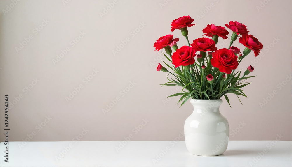 Naklejka premium Red carnations in a minimalist white vase on a clean table with a soft pastel background