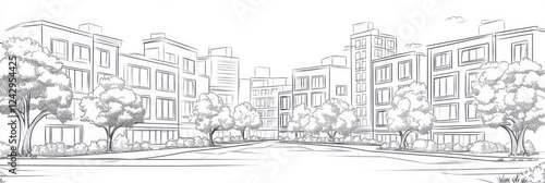 Sketch of a city street with buildings and trees