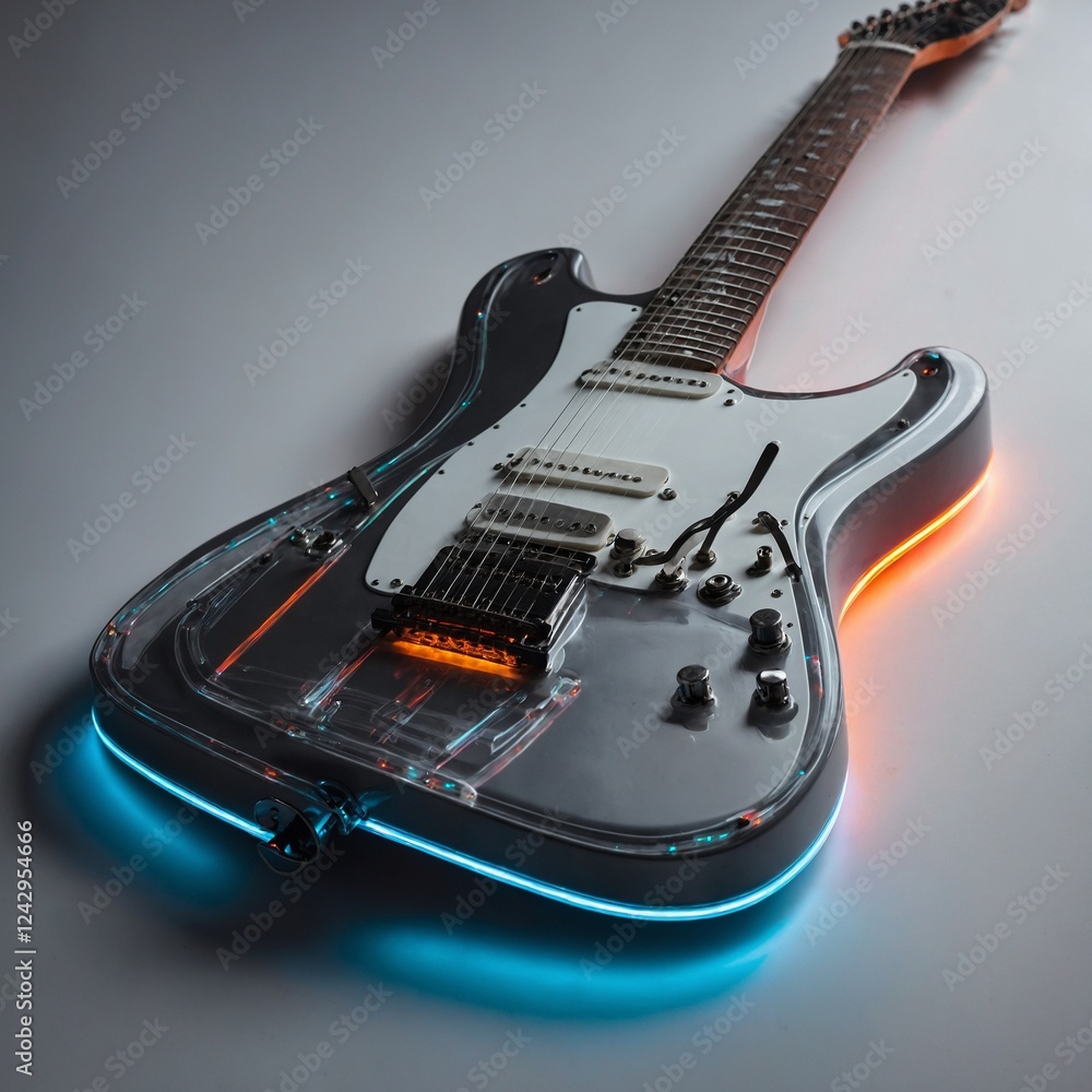 Obraz premium A futuristic electric guitar with neon strings glowing vividly against a white surface.