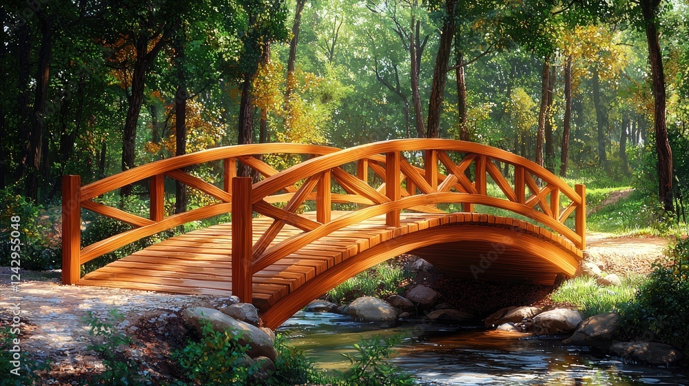 Wooden Bridge in a Sunlit Forest: A Serene Nature Scene Wooden Bridge in a Sunlit Forest: A Serene Nature Scene