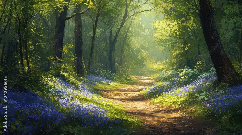 Fototapeta premium A winding forest path covered in bluebells, leading through towering green trees.
