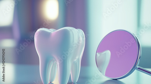 3D Render of a White Tooth and Dental Mirror, Pastel Colors, Oral Health Concept