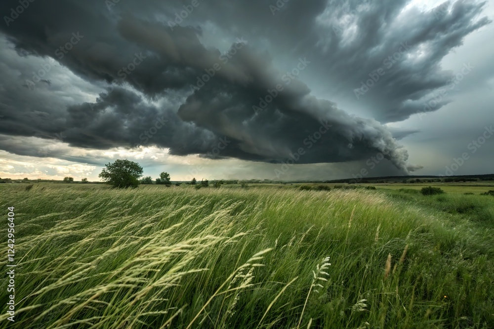 stormy sky with grass field swaying in strong wind stormy sky with grass field swaying in strong wind