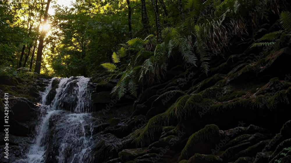 a tranquil waterfall flowing over a rocky ledge, bathed in a warm golden sunburst. a tranquil waterfall flowing over a rocky ledge, bathed in a warm golden sunburst.