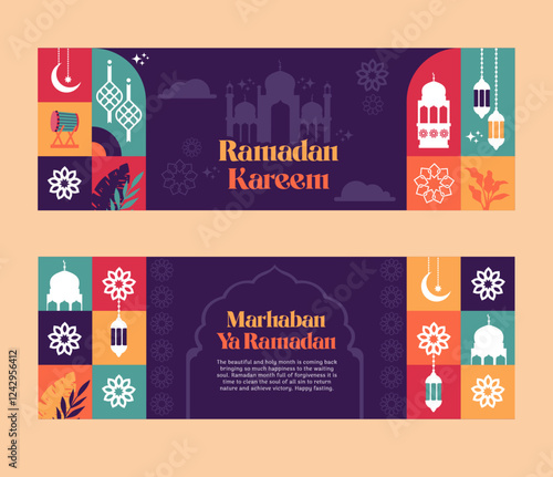 ramadan landscape banner set pattern and silhouette flat  illustration