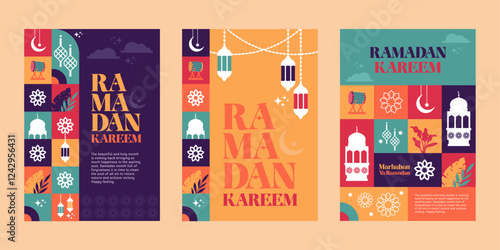 ramadan poster set pattern and silhouette colorful illustration