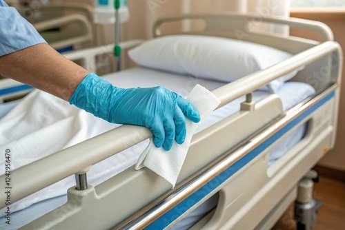 Hospital bed sanitized with disinfectant wipe. Healthcare hygiene practice