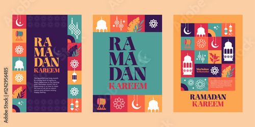 ramadan three poster set pattern and silhouette colorful illustration