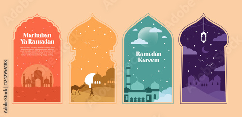ramadan arch and silhouette colorful flat vektor illustration