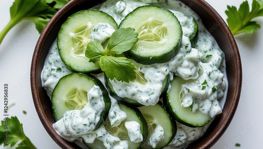 Creamy cucumber salad with fresh herbs in a bowl Creamy cucumber salad with fresh herbs in a bowl