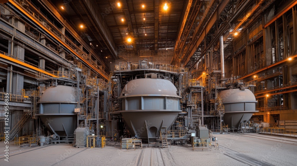 Fototapeta premium A steel plant with large metal tanks and smelting equipment under bright lighting.