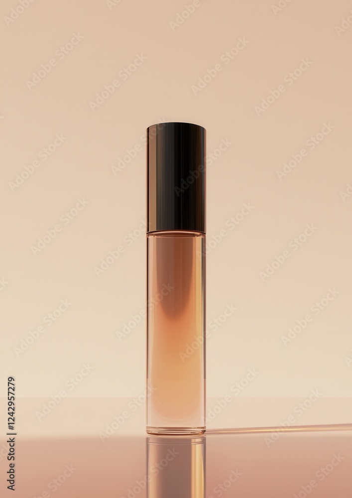 3d rendering of a perfume bottle. the bottle is made of glass and has a cylindrical shape with a black cap. the body of the bottle is a light peach color, and it appears to be empty. 3d rendering of a perfume bottle. the bottle is made of glass and has a cylindrical shape with a black cap. the body of the bottle is a light peach color, and it appears to be empty.