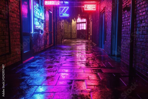 cyberpunk alleyway with vibrant neon signs reflecting off wet cobblestones, retro-futuristic aesthetic meets urban decay, moody atmospheric lighting