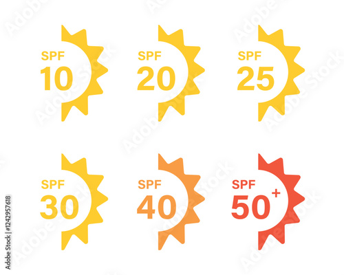 Set of SPF protection icons with suns. UV block symbols, sunblock signs, silhouettes. Sunscreen skincare graphic element, cosmetics packaging labels with SPF from 10 to 50 pictograms