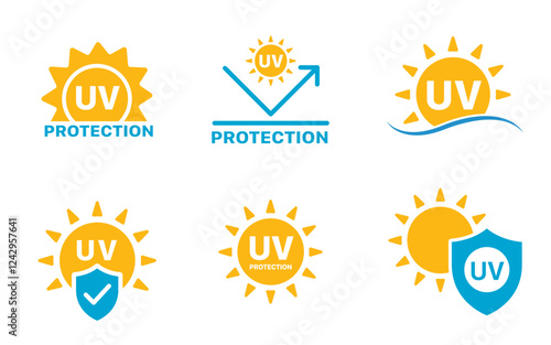 UV protection icon set. UV radiation icon. Ultraviolet symbol. Sun uv protection icons. Vector pictogram of sunscreen spf. Skincare illustration, sign for cosmetics packaging
