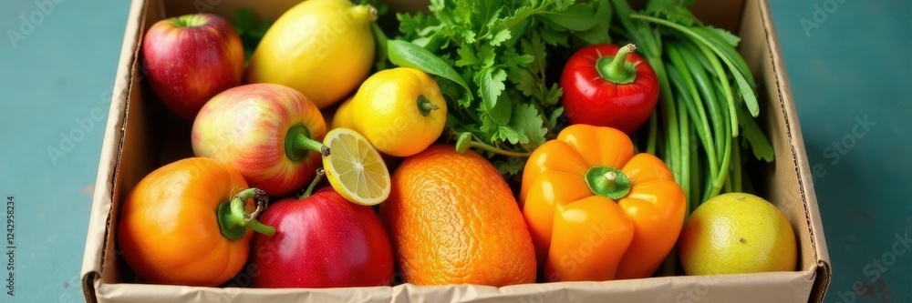 Colorful array of healthy food items neatly arranged in a donation box ready for transport , packaging, food drive Colorful array of healthy food items neatly arranged in a donation box ready for transport , packaging, food drive